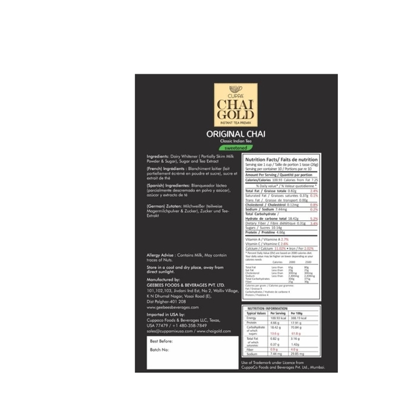 Authentic Instant Cuppa Chai Gold Original Chai | Sweetened Version | Pack of 1 - Picture 2 of 3